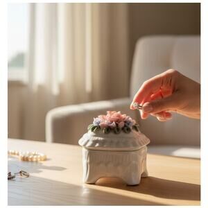 Capodimonte Porcelain Trinket Box Pink Rose floral 3.5" tall 3" wide